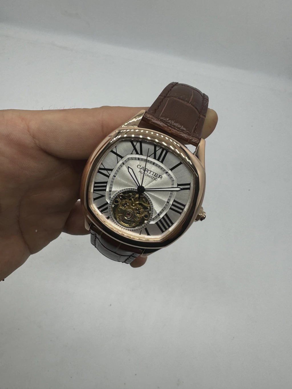 Cartier Tourbillon 44mm - Aço rosé Mostrador Branco - COURO
