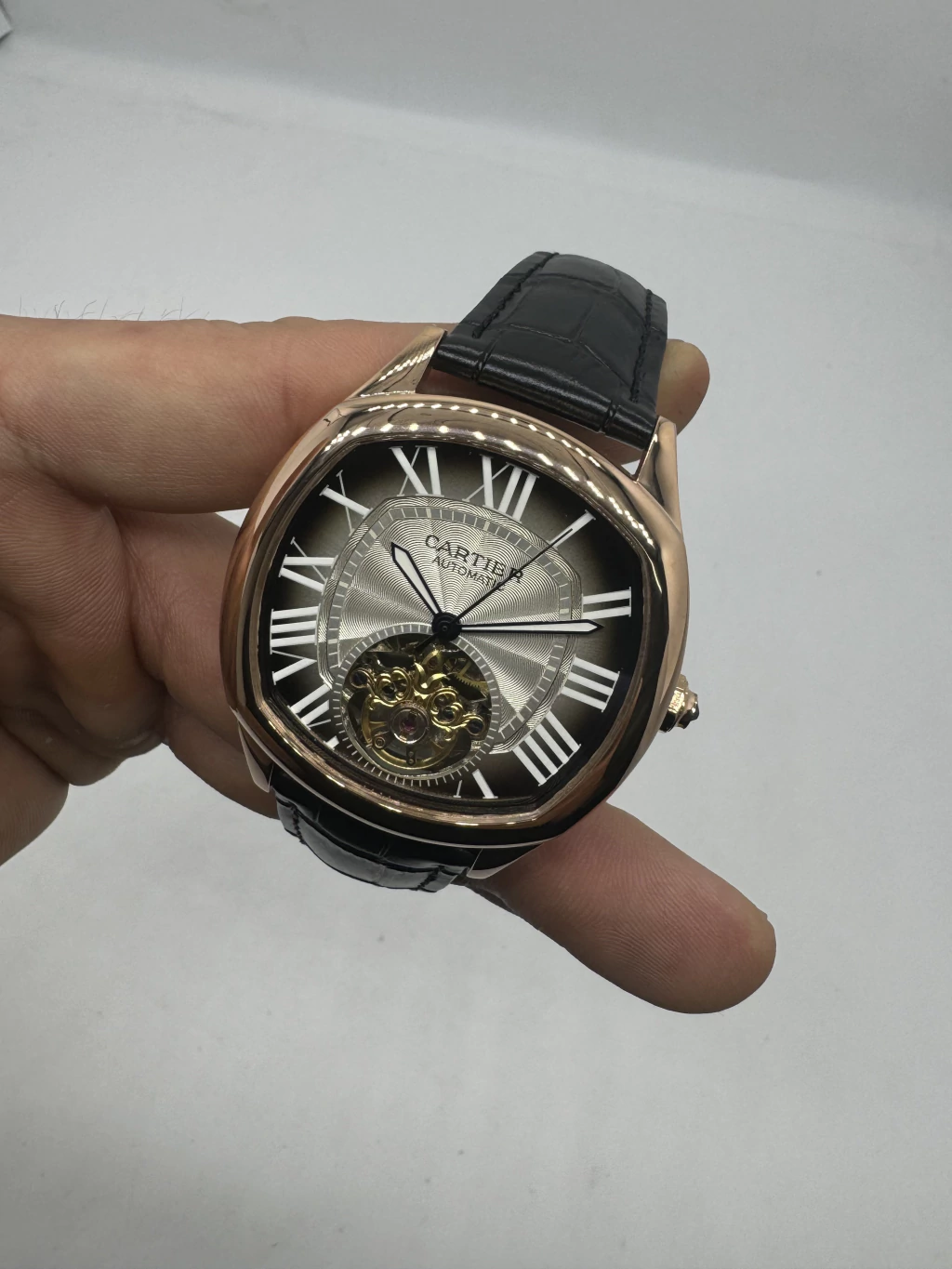 Cartier Tourbillon 44mm - Aço rosé Mostrador Cinza - COURO