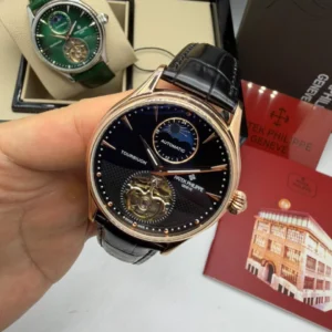 Patek Philippe Tourbillon 42mm - Aço rosé Mostrador Preto - COURO