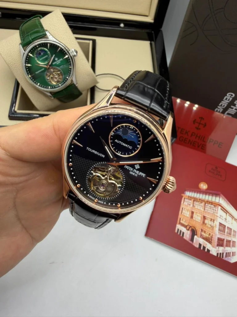 Patek Philippe Tourbillon 42mm - Aço rosé Mostrador Preto - COURO