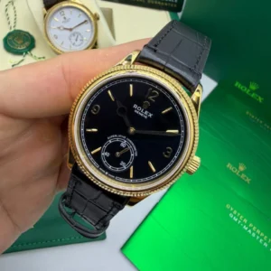 Perpetual 1908 - 40mm - AÇO DOURADO MOSTRADOR PRETO - FUNDO DE VIDRO - COURO