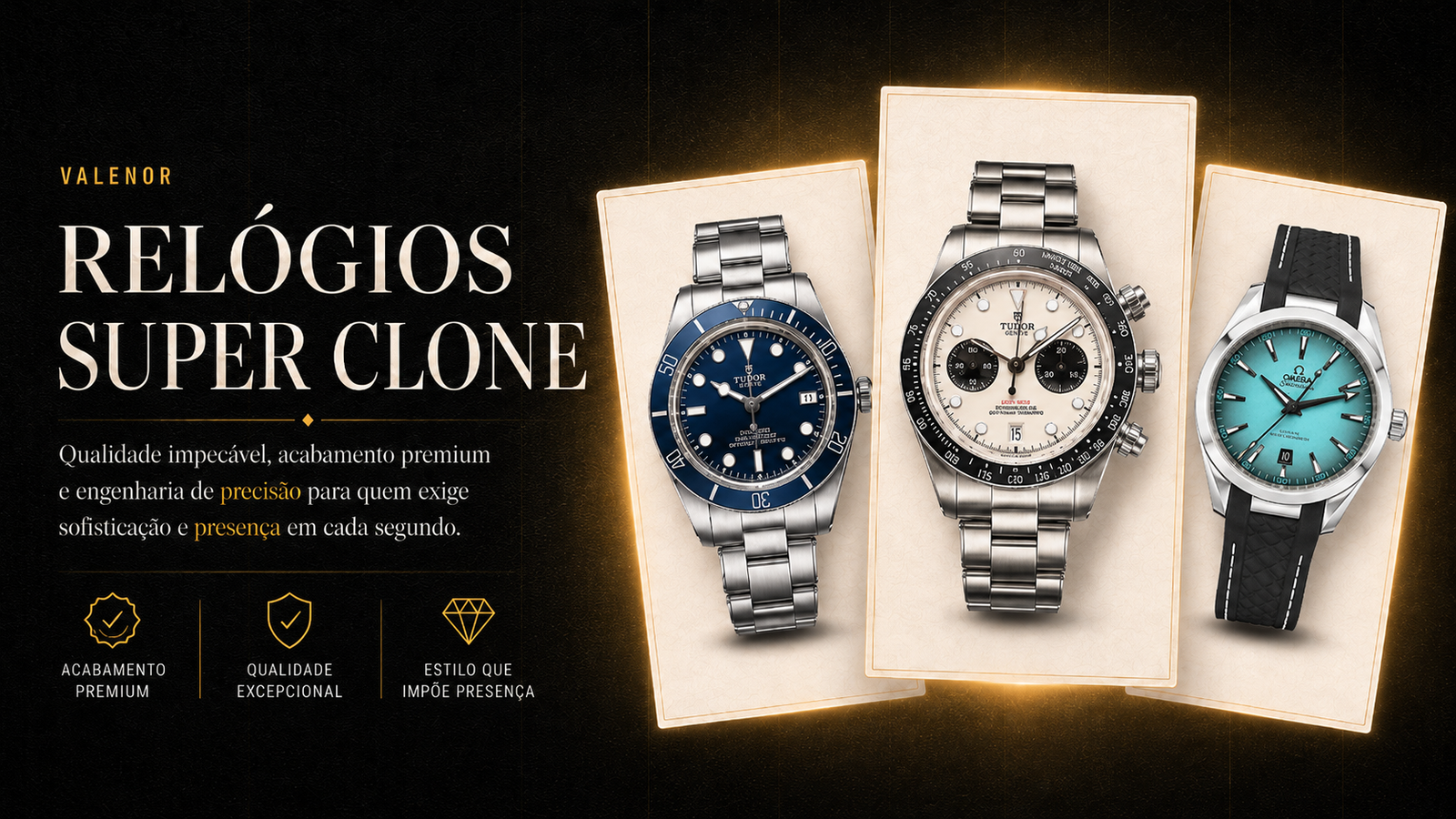 Banner VALENOR Super Clone com relógios super clone em destaque